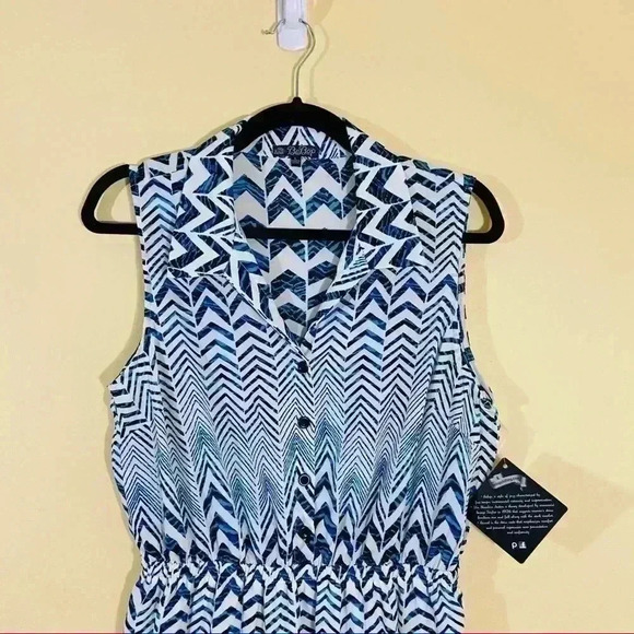 NWT BeBop Zig Zag Cinch Waist Sleeveless Quarter Button Mini Shirt Dress Size L - Picture 2 of 14